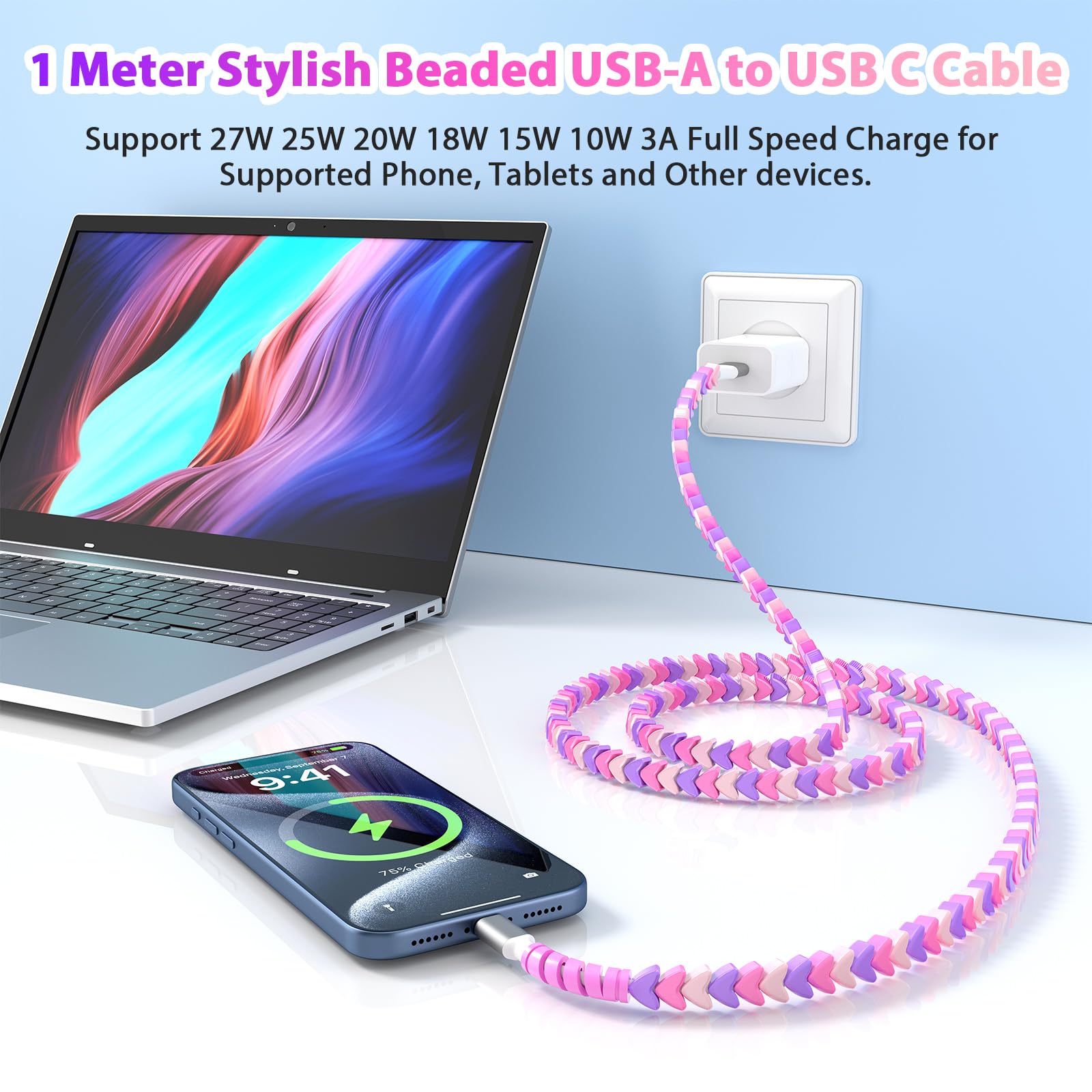 Cable USB C con cuentas de 1 m, cable de carga rápida para CarPlay, 25 W, 20 W, 18 W, 15 W, USB a tipo C, carga rápida para Samsung S25 Edge S24 FE S23 A17 para iPad A16 Pixel 9a para Moto G Stylus