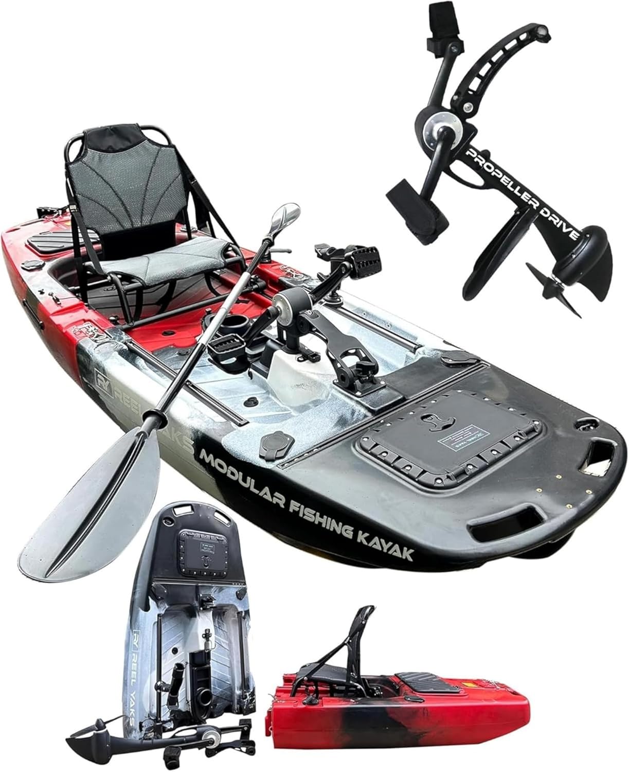 Reel Yaks Raider Modular Fishing Kayak - 9.5ft, 380 lbs Capacity, Black White Red - Pedal Fishing Kayaks for Adults & Youth, Sit on Top, Compact Storage, Lightweight, Easy Transport