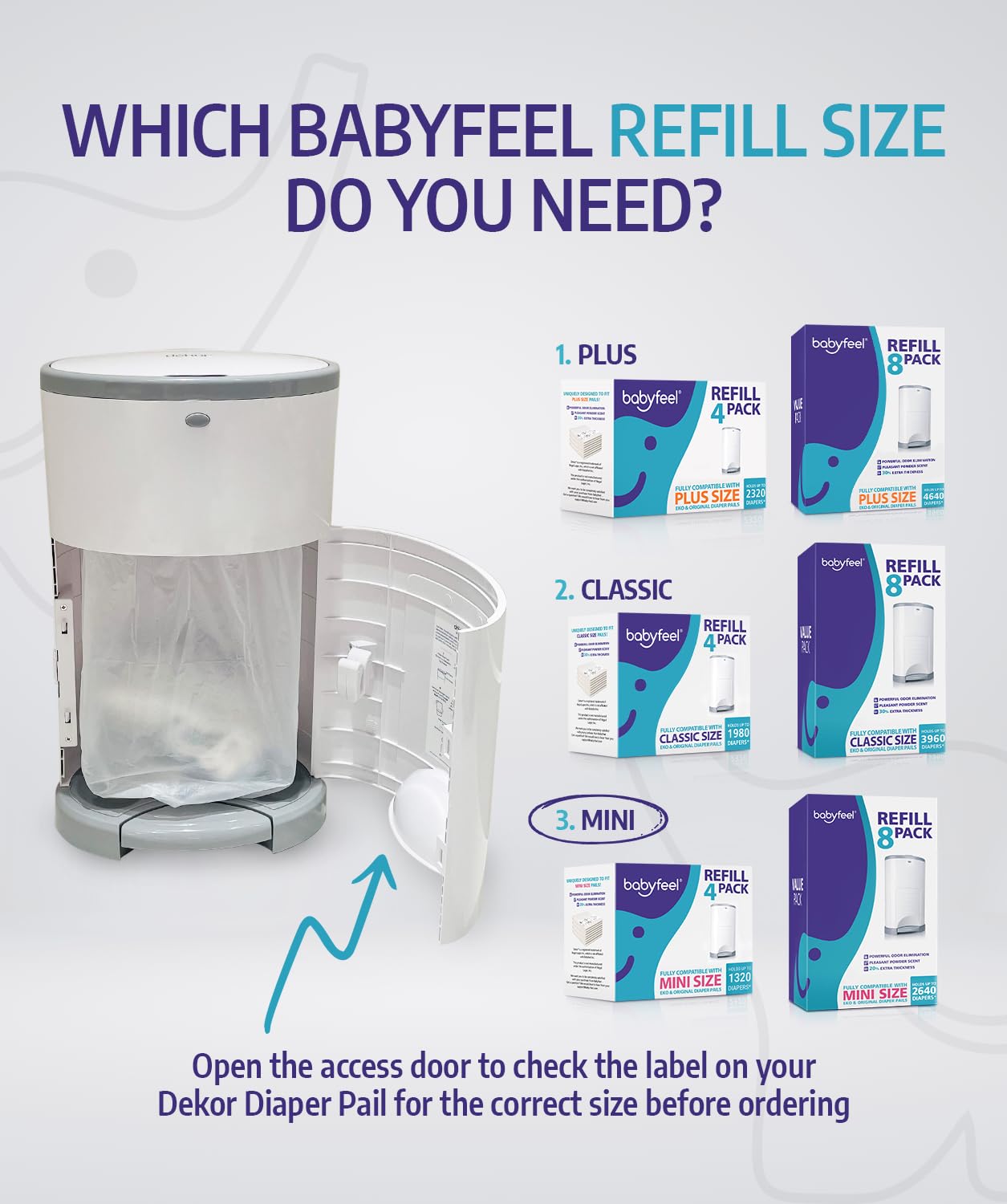 Babyfeel Recambios compatibles con mini cubos de pañales DEKOR | Paquete de 4 | Exclusivo 20% de grosor extra | Recambios de cubo de pañales con potente eliminación de olores | Aroma a polvo |