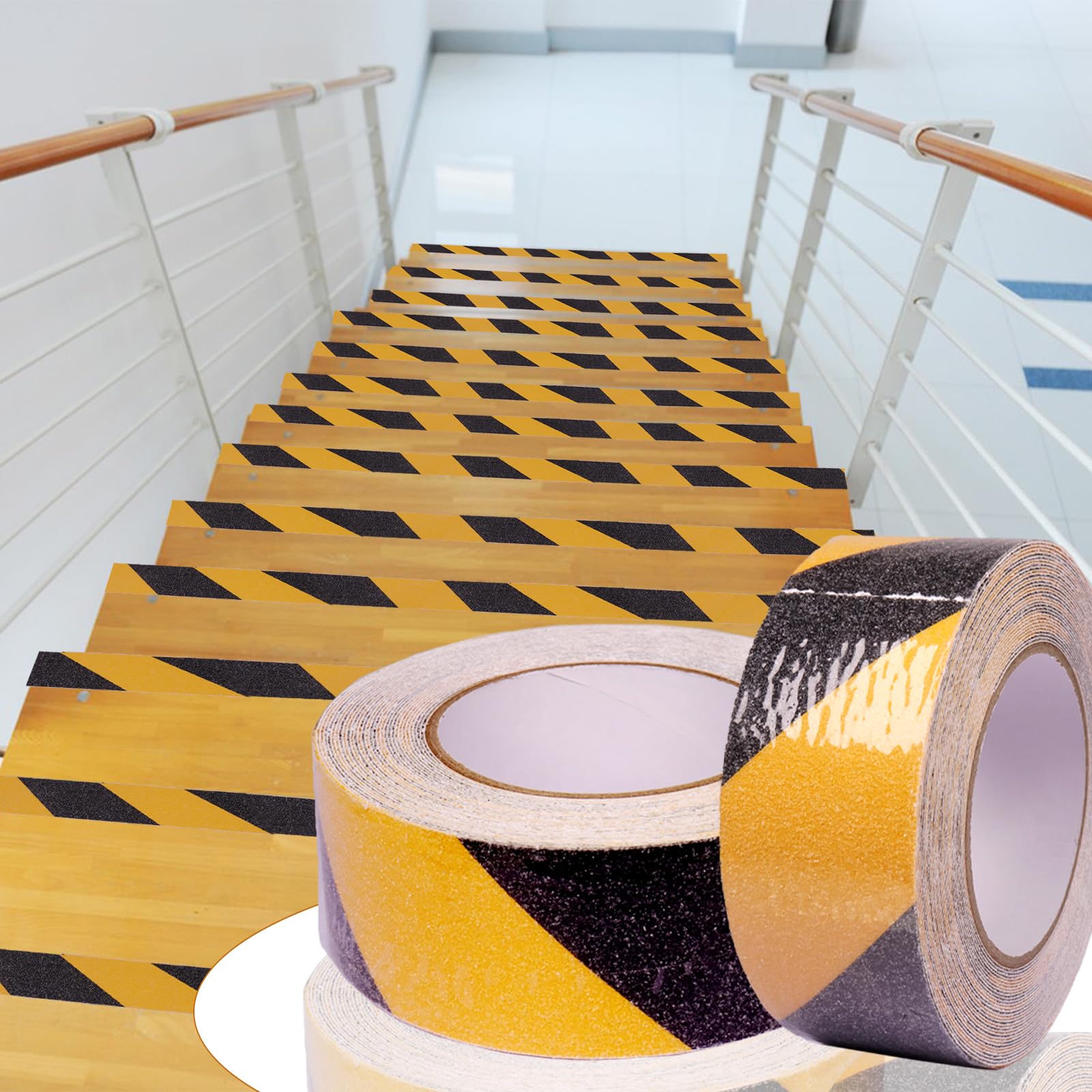 2 rollos de tiras antideslizantes, 50 mm x 10 m, con raspador y tijeras, cinta antideslizante para escalones antideslizantes en interiores y exteriores, color negro y amarillo