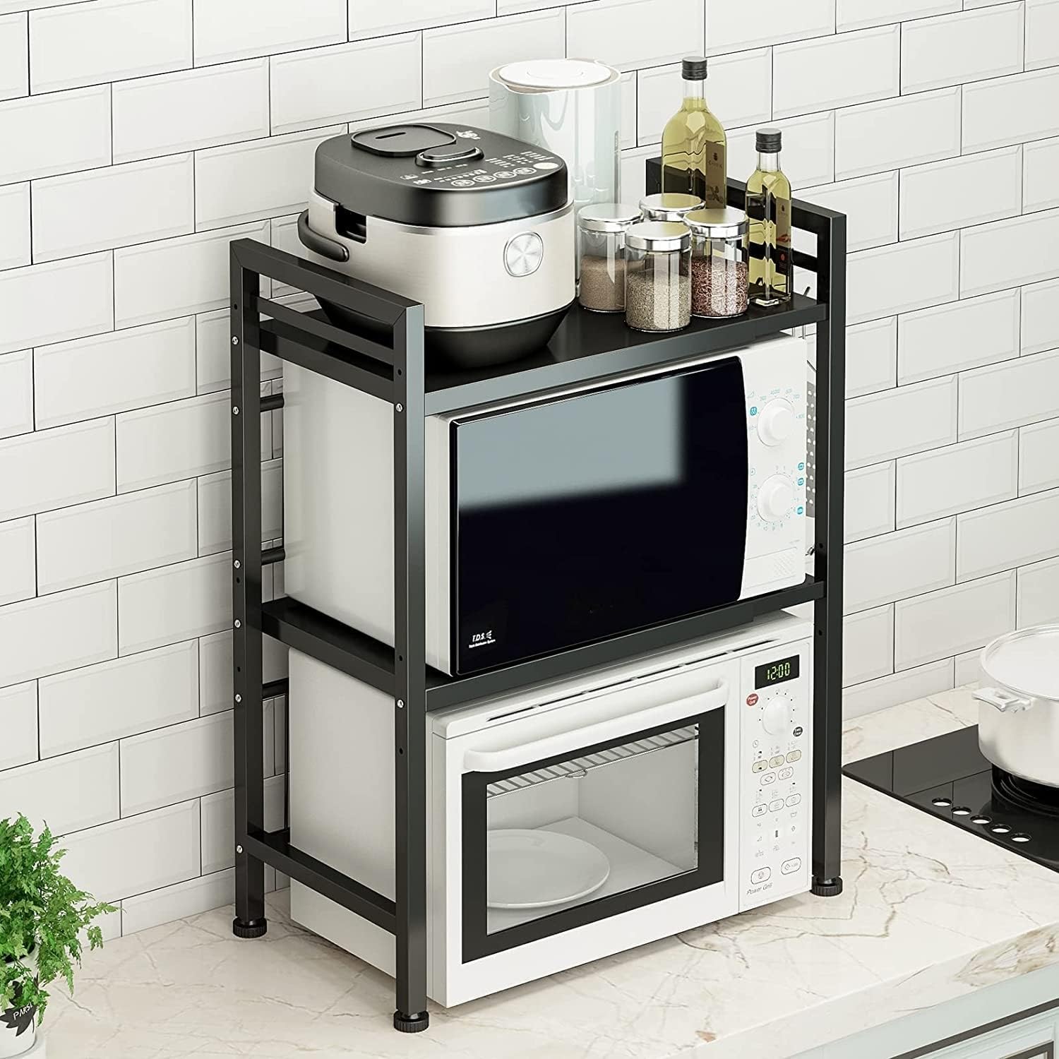 Soporte Extensible para Horno de Microondas, Estante para Horno de Microondas Ajustable, Rejilla para encimera de Cocina Organizador Estanteria Mueble con 6 Ganchos (3 Niveles, Negro)