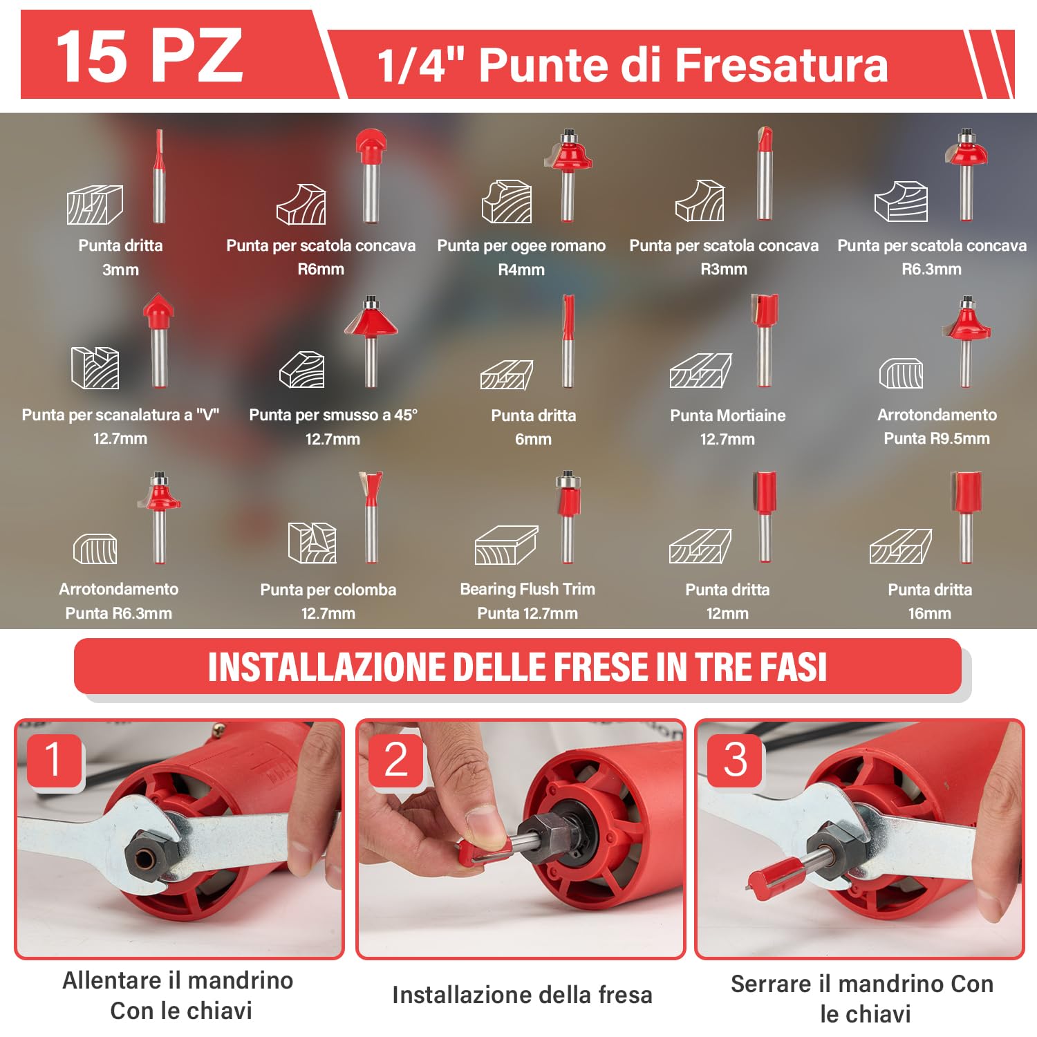TEENO Rifilatore Fresatrice Verticale 800W 31000 RPM Con Copertura Antipolvere, Legno Rifilatrice Elettrica Con 15 pezzi 1/4" Fresatura Cuter e Mandrino 6/6.35 mm, Per lavorazione del legno