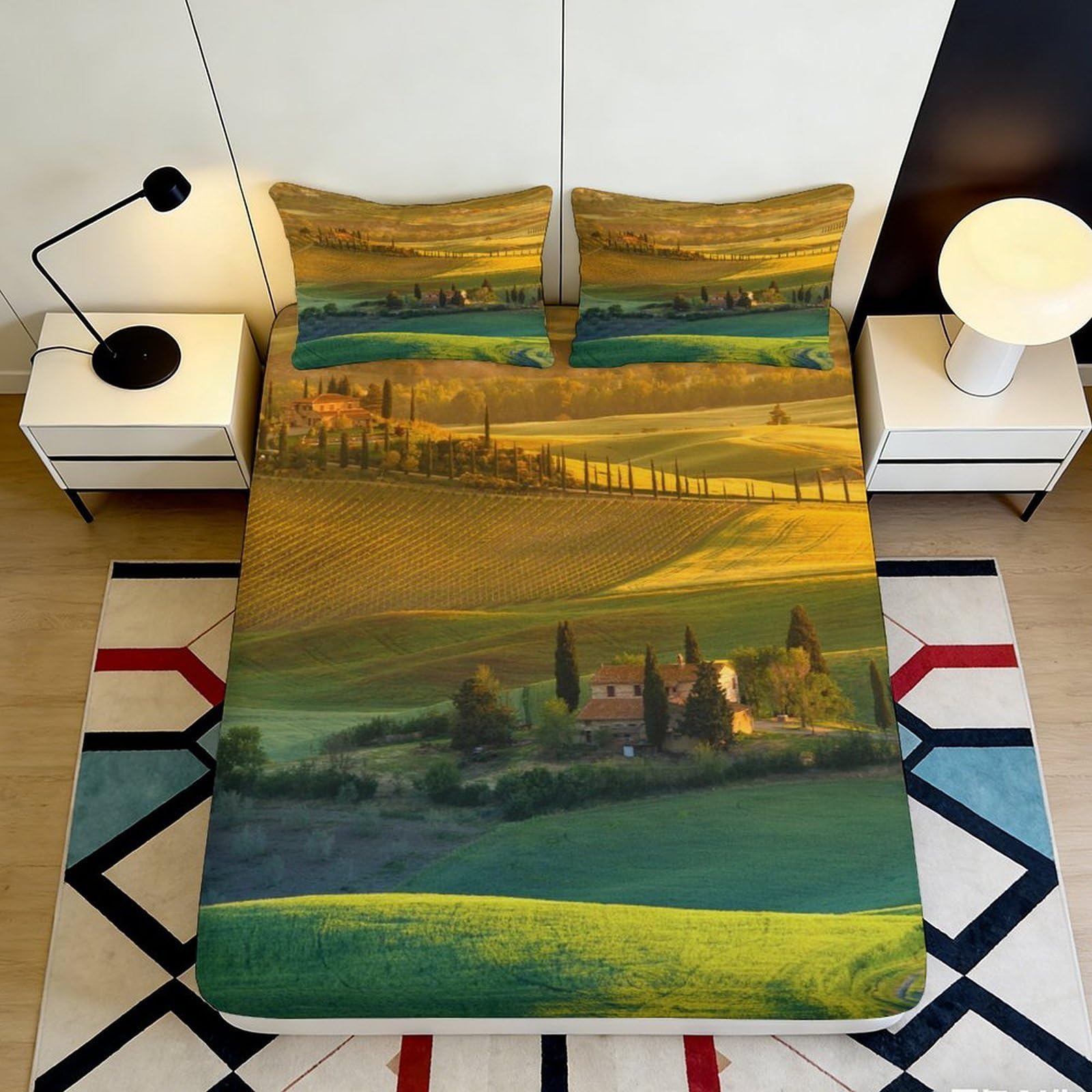 3D Printed Tuscany Landscape Fitted Sheet Microfiber Scenic Countryside Bed Cover for Bedroom Guest Room Decor 90x200x25cm