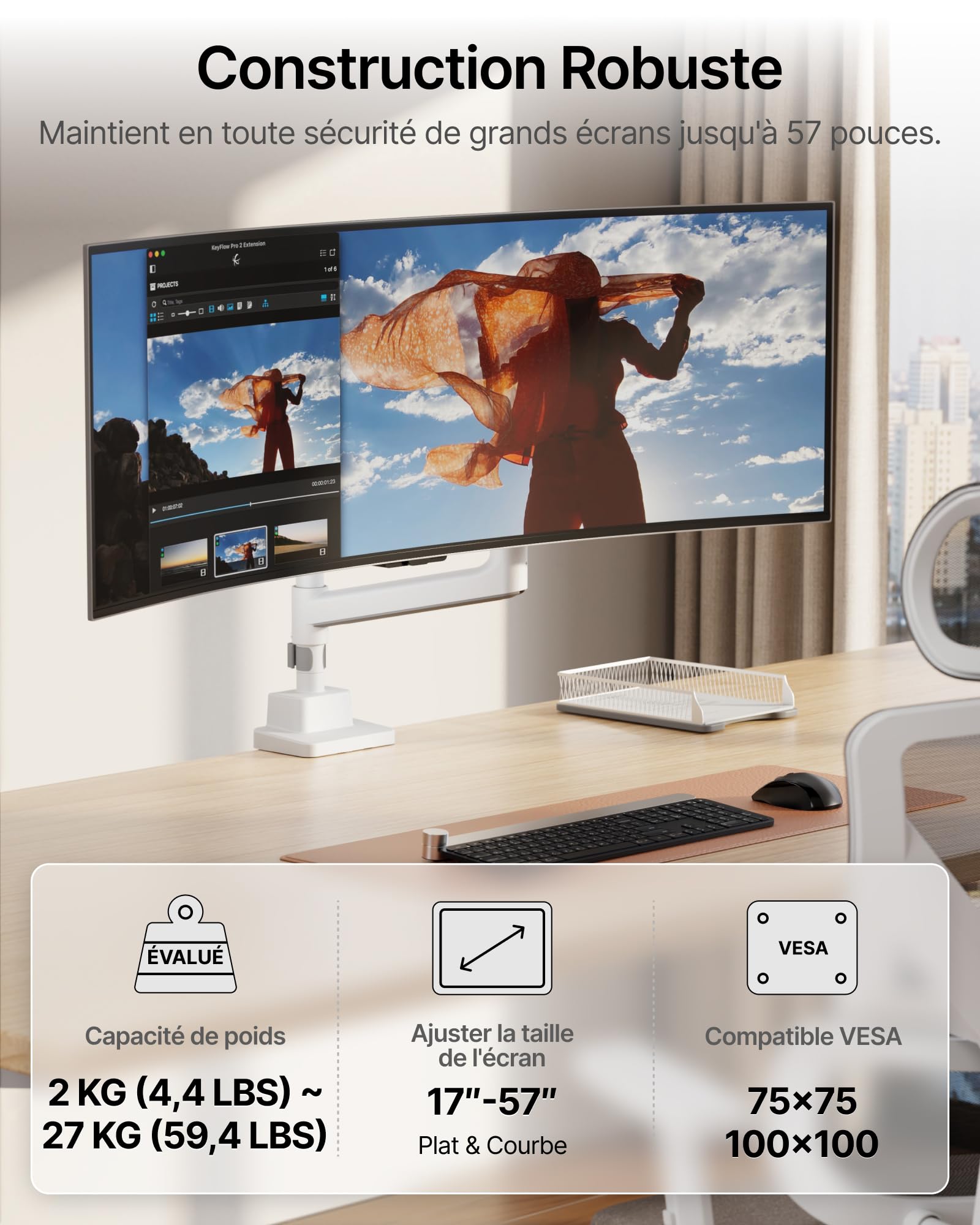 monTEK Bras Ecran PC17 à 57", avec Colonne, VESA75/100, Charge Max 27Kg
