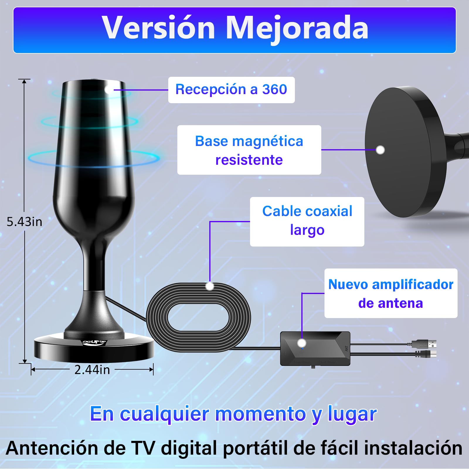 Antenna TV interna potente 2025, digitale antenna TV portatile con base magnetica e amplificatore di segnale - 4K 1080P VHF UHF DVB-T2 DVB-T - (nero)