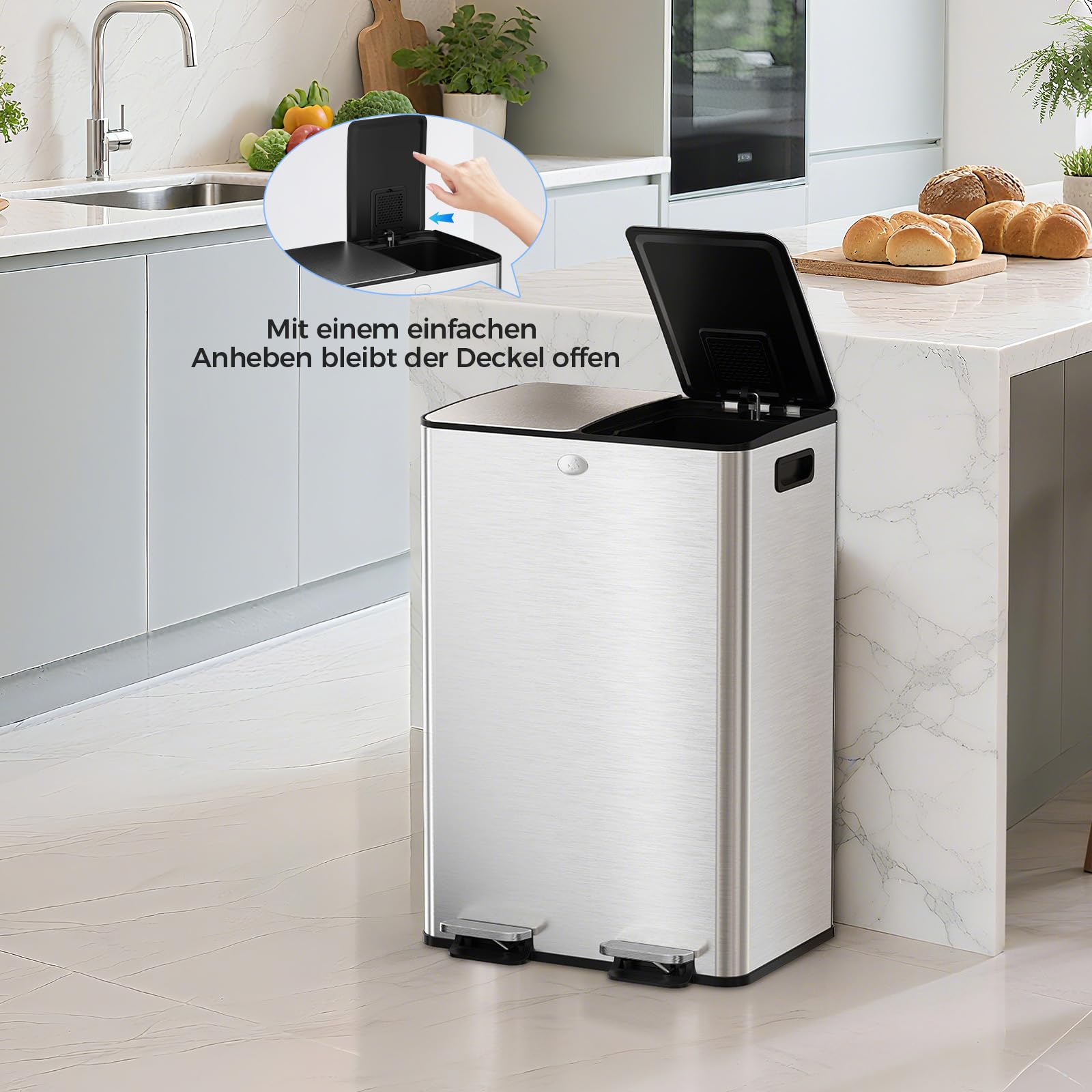 YASHE Mülleimer 2 Fächer mit Deckel, 2x30L Mülleimer Küche, Tretmülleimer Edelstahl mit 20 Müllbeuteln, Herausnehmbaren Inneneimern, Soft-Close