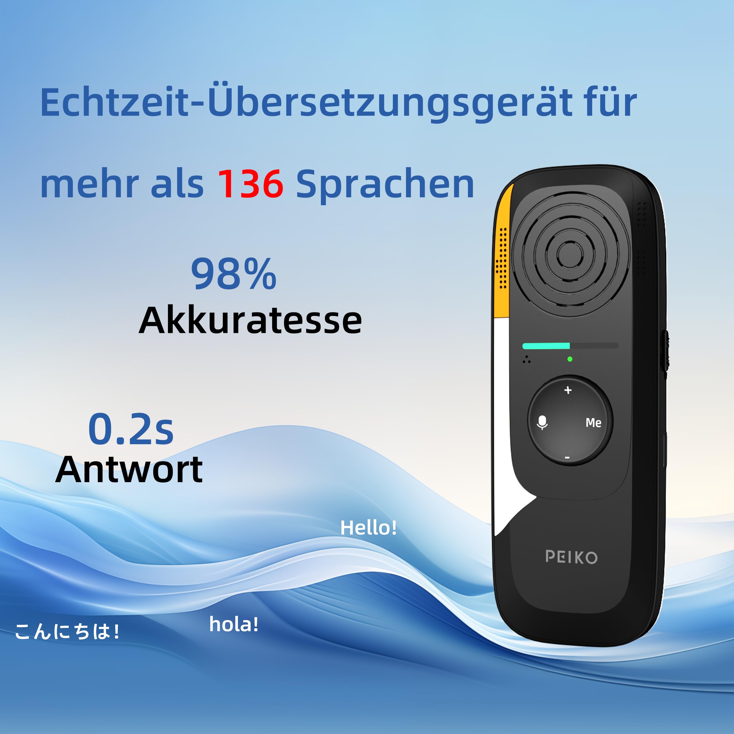 Peiko Sprachübersetzer Gerät – KI-Echtzeit-Übersetzer mit 75 Sprachen & 136 Akzenten, Zwei-Wege-Offline-Übersetzung, Mini Translator für Reisen, Lernen & Geschäftsreisen