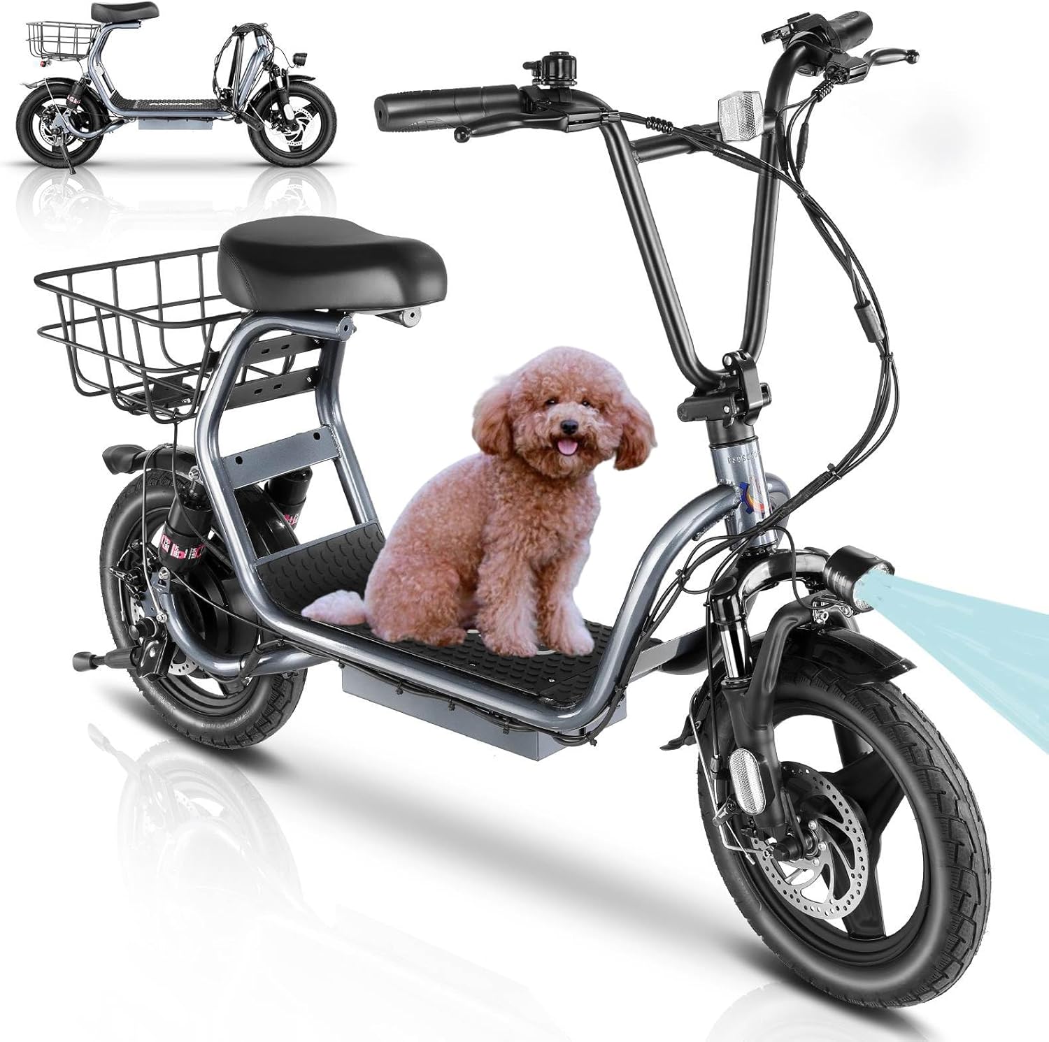 Caroma Peak 1200W Electric Scooter with Seat, 500Wh Battery, 30Miles Range, 20MPH Top Speed, 14" Tires Foldable Electric Scooter with Basket for Commuting, Dual Shock Absorbing Ebike for Adults