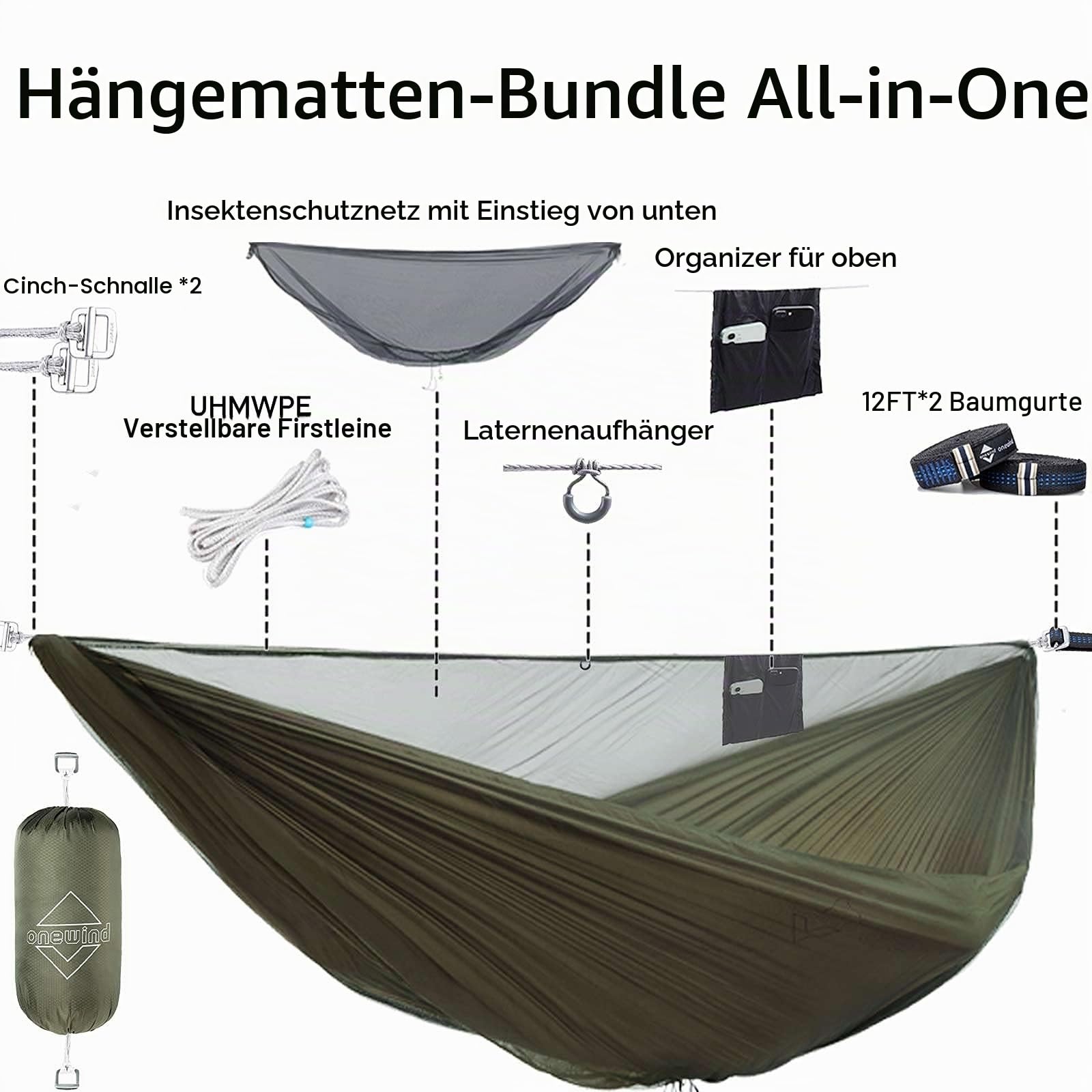 onewind Ultraleichte Doppelhängematte mit Moskitonetz für Camping, Wandern, Rucksackreisen