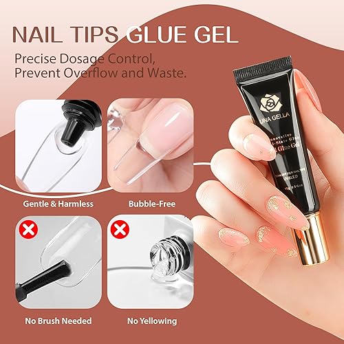 Miniatura 6 de UNA GELLA Kit de iniciación de esmalte de uñas de gel, 6 colores con puntas de uñas postizas de gel de almendra, 5 en 1, capa base de gel de