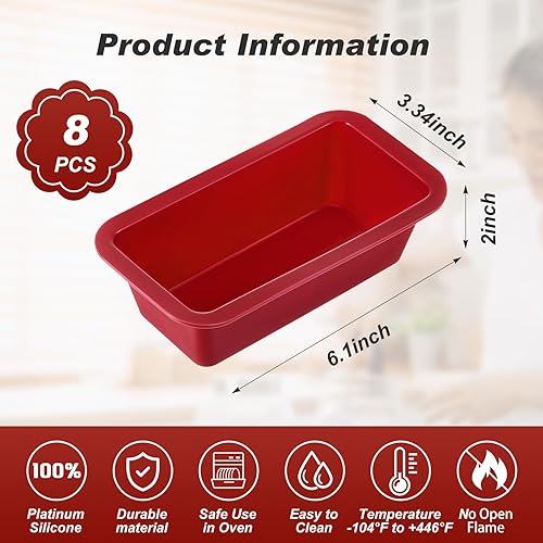 Miniatura 2 de 8 moldes de silicona para pan, moldes rectangulares antiadherentes para mini pasteles, caseros, pan y pastel de carne, rojo, 6.1 x 3.3 x 1.8 pulgadas