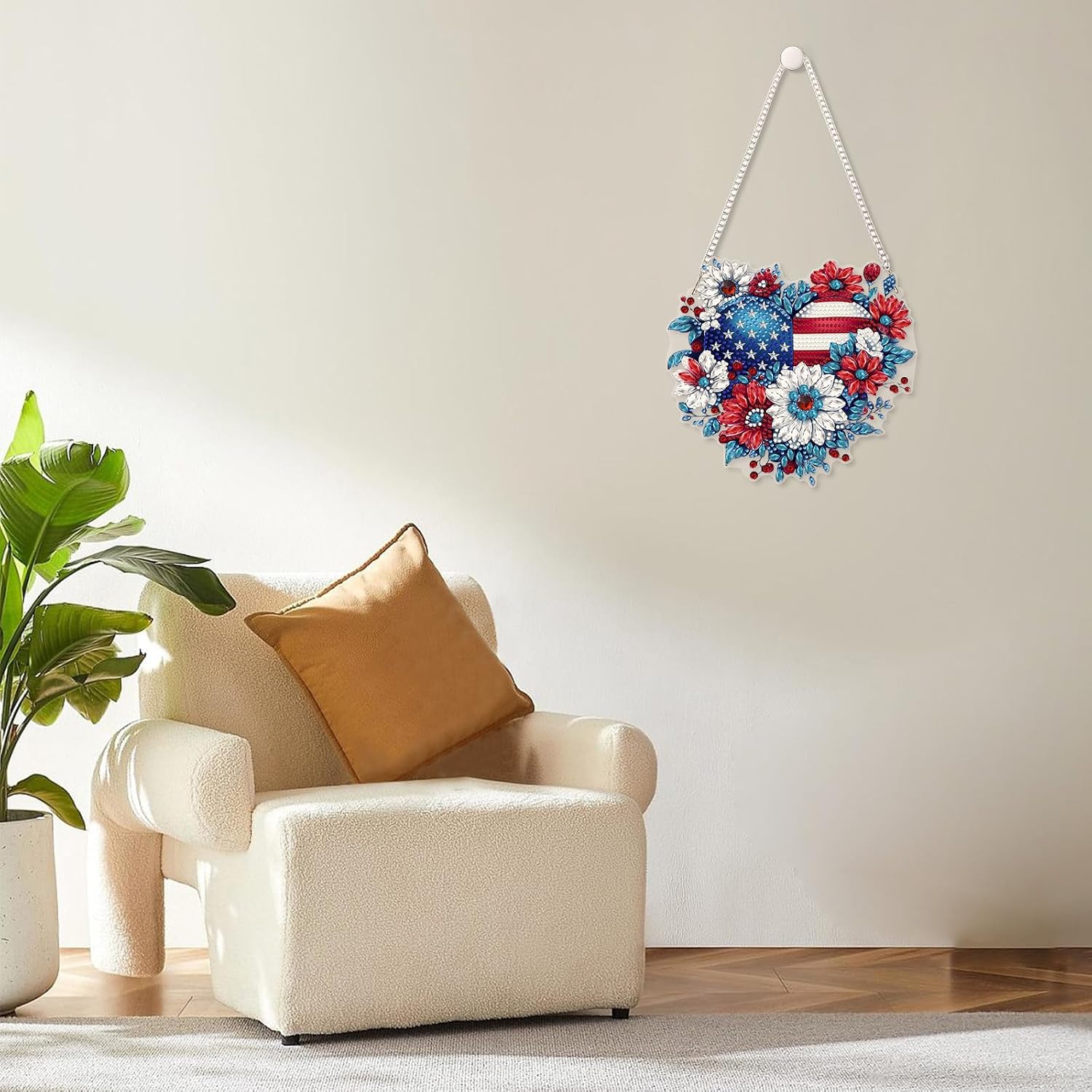 MOGTAA 4th of July Heart Shape Flowers Diamond Art Hanging Kits for Adults, Independence Day Diamond Art Suncatchers, 5D Special Shape USA Flag Diamond Painting Window Pendant Kit for Home Wall Decor