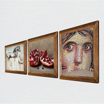 Pinecone Çingene Kızı Mozaiği, Leonardo da Vinci At Heykeli, Nar Taş Duvar Tablosu - Ahşap Çerçeveli Taş Tablo - 25x25 cm - 3 Parça Set - Dekoratif Duvar Sanatı - Modern Ev Duvar Dekoru W3-1296