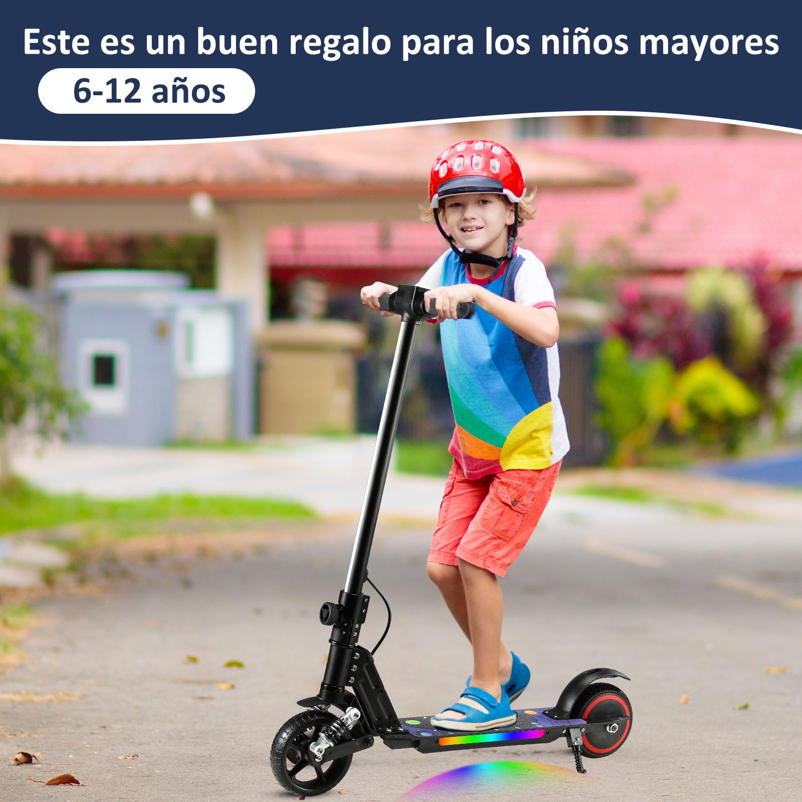 Patinete Eléctrico Niños 6-12 Años Plegable Altura Ajustable 14km/h 8KM Luces LED Color Frenos Seguros Pantalla Regalo Cumpleaños