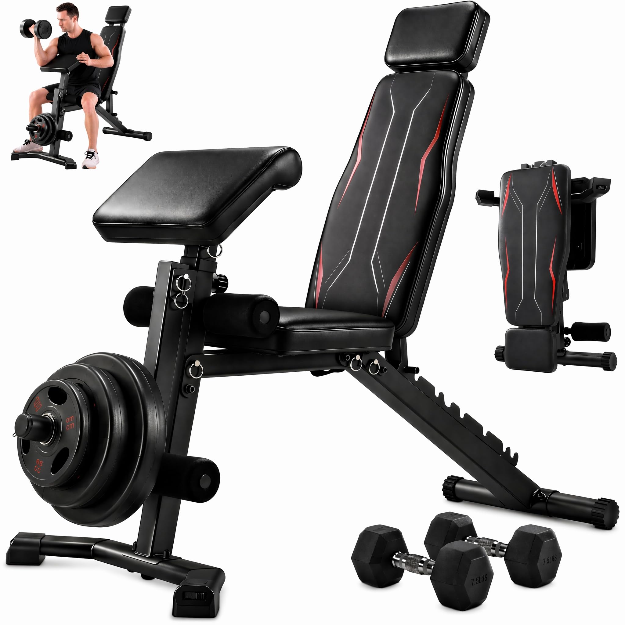 Adjustable Weight Bench with Leg Extension and Preacher Curl Pad | Foldable Workout Bench, 10 Positions Incline Decline Flat Full Body Home Gym Strength Training, 800 lbs Capacity Bench Press