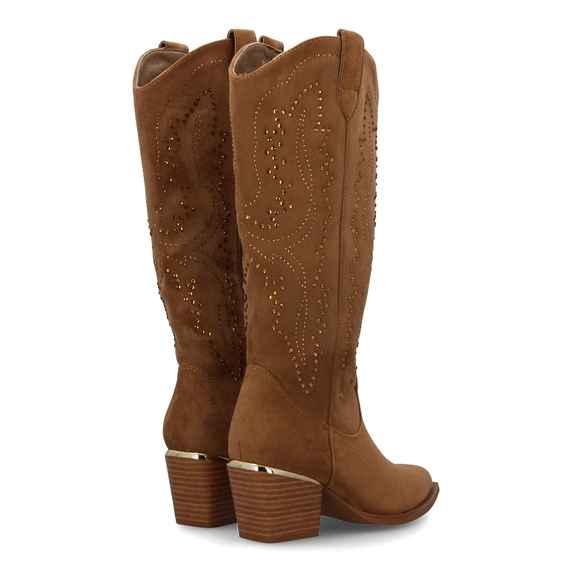 Botas de Mujer con Diseno de Brillantes en la Cana, Tacon Cubano de 6cm. Estilo Cowboy con Cierre de Cremallera.