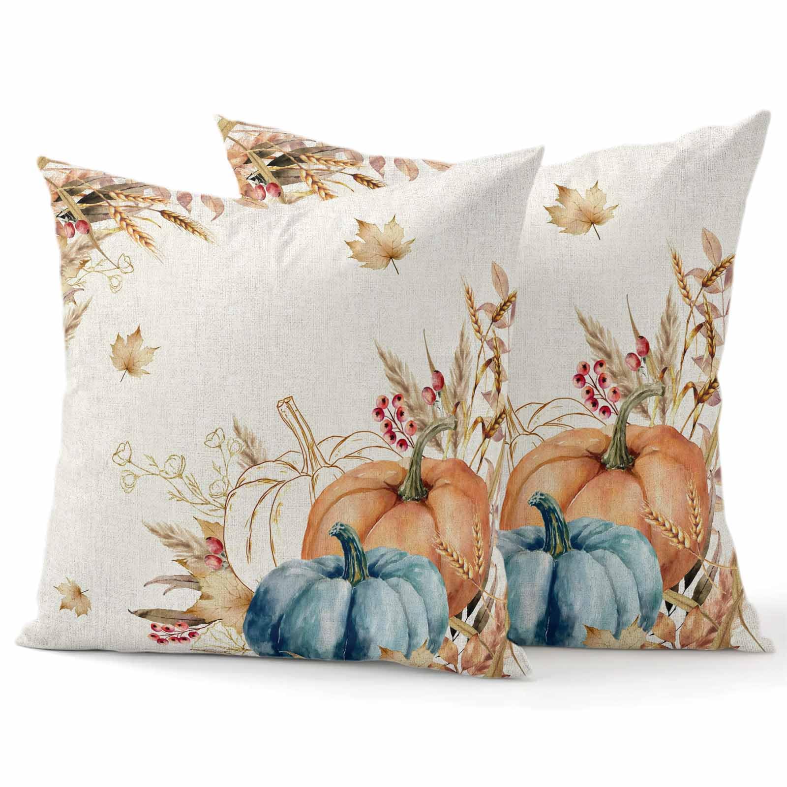 Thanksgiving Fall Throw Pillow Covers 18x18 Set of 2 Orange Blue Pumpkin Harvest Leaf Holiday Pillows Decorative Throw Cushion Case for Sofa Couch Bedroom Farmhouse