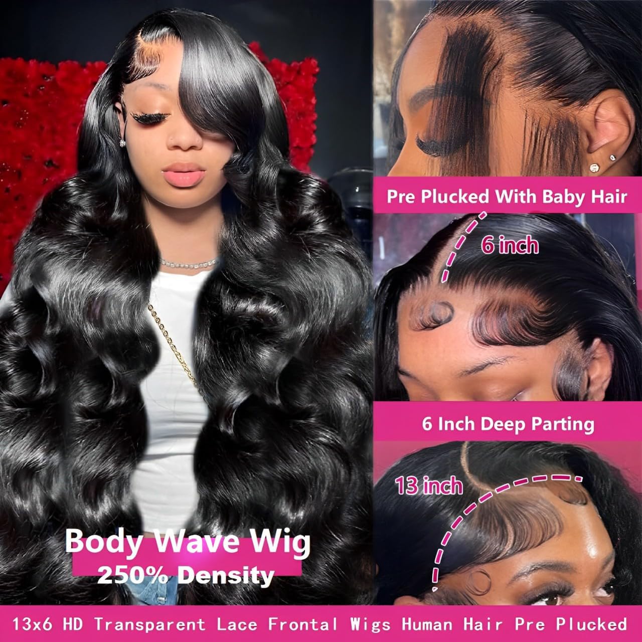 Sterly 30 Inch 13x6 Lace Front Wigs Human Hair 250% Density HD Body Wave Lace Front Wigs Human Hair Pre Plucked Wigs Human Hair for Women Gluless Wigs with Baby Hair #1 Jet Black
