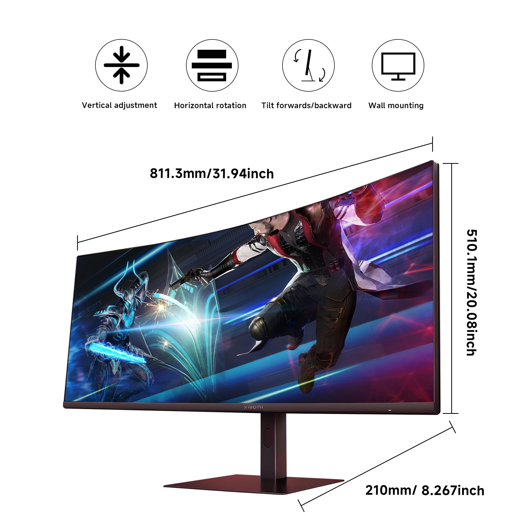 XIAOMI 34 inch 180Hz Curved Gaming Monitor, 1ms 1500R WQHD 2K 100% sRGB Desktop LCD Computer Screen PC Vertical HDMI Computer Monitors Ultrawide FreeSync Premium with DisplayPort Adjustable Stand