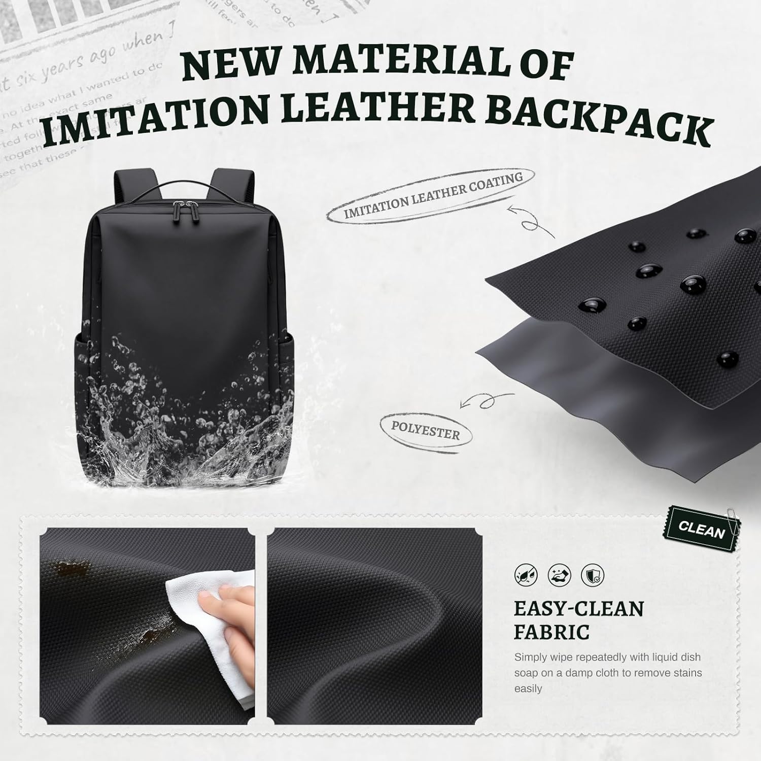 GOLF SUPAGS Imitation Leather Backpack for Women Men Multi-Functional Water-Resistant Casual Daypack for Work, Travel & College Fits 15.6 Inch Laptop (Black)