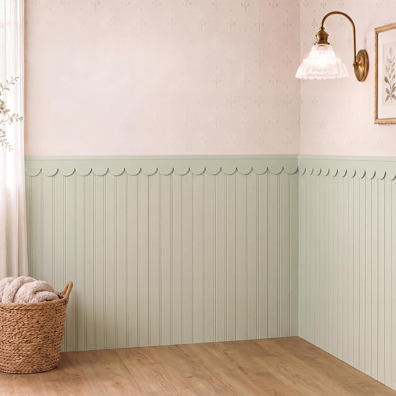 Nuanchu 1 Sets 37.8" x 118" Scalloped Wainscoting Wall Panel Kit Decor | 12 Board and Batten Paintable Accent Wall Panel, Pre Cut Beadboard with 4 Top Rail 4 Decorative Scallop Trim, Nursery Bedroom