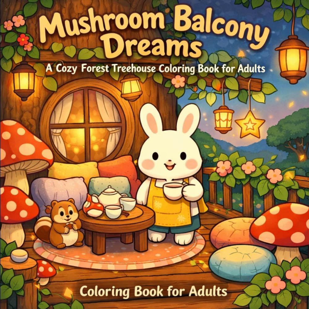 Mushroom Balcony Dreams: A Cozy Forest Treehouse Coloring Book for Adults