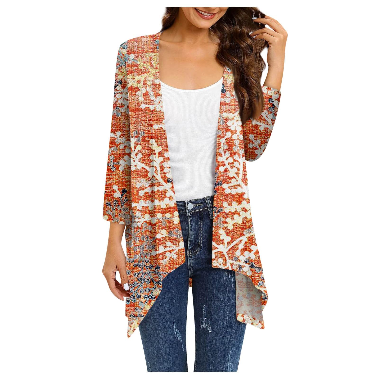 Women Cardigan Summer 3/4 Sleeve Cardigans Lightweight Ruffles Hem Cardigan Open Front Kimono Loose Fit Cardigan