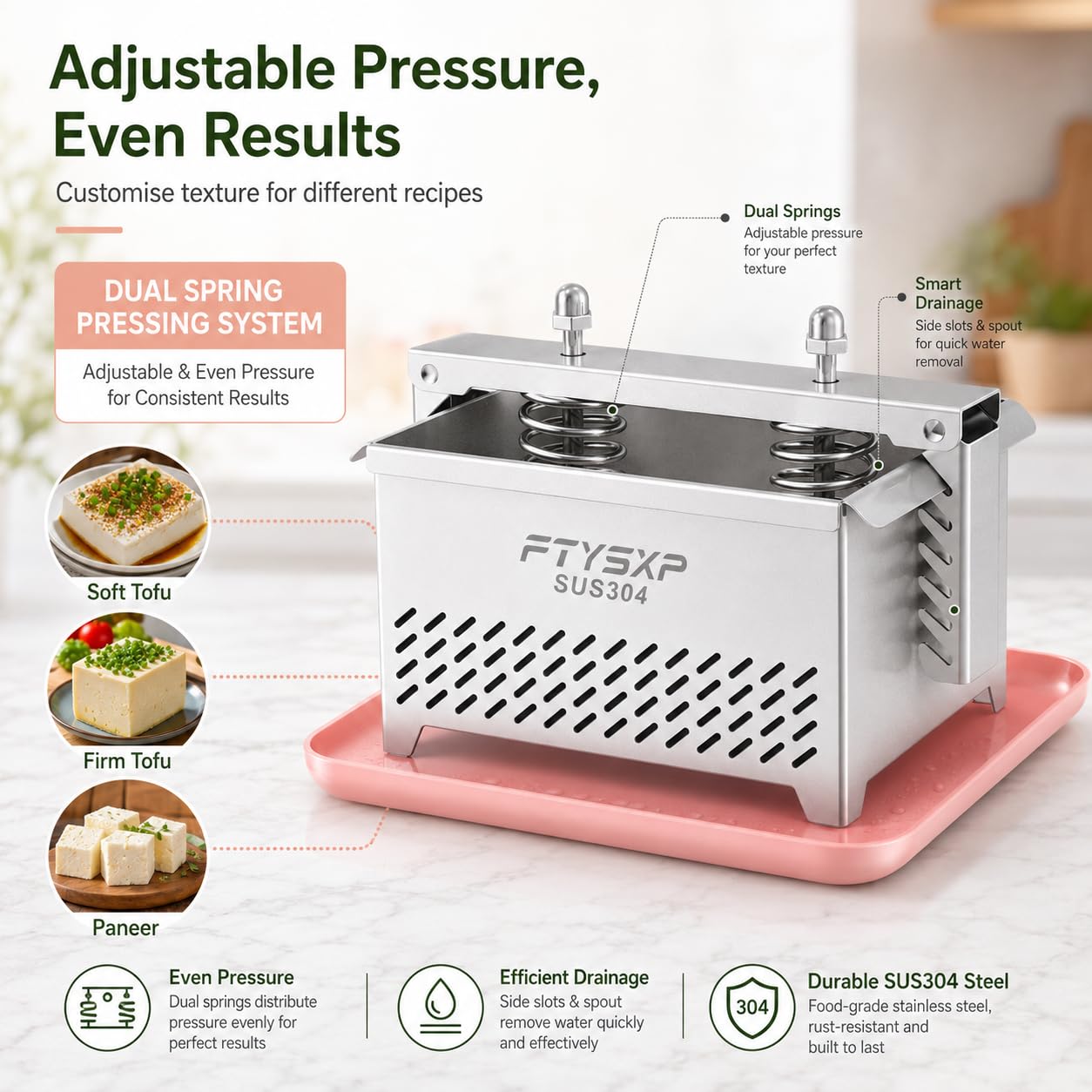 Tofupresse – 304 Edelstahl Käsepresse, Paneer machen und vegetarische Tofupresse, starker Druck verstellbar, BPA-frei, spülmaschinenfest für Tofu-Maker und Paneerpresse (16 x 14 x 13 cm)