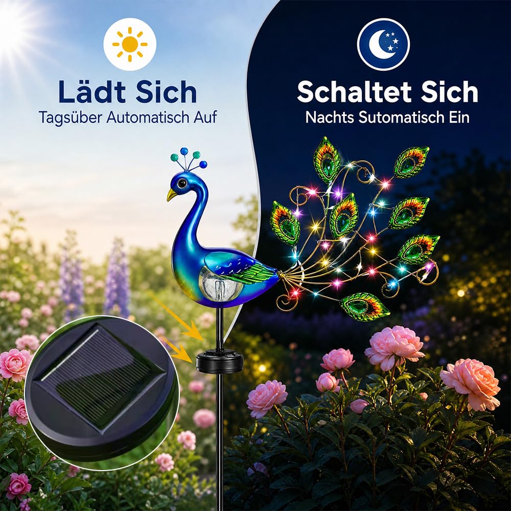 Solar Gartenstecker, Solar Vogel Pfau, Solarstecker für Außen Garten mit Bruchglas Kugel, Solar Tiere für Außen Garten, Solarleuchten für den Ga-rten, Solarfiguren für Au-ßen Gar-ten Deko