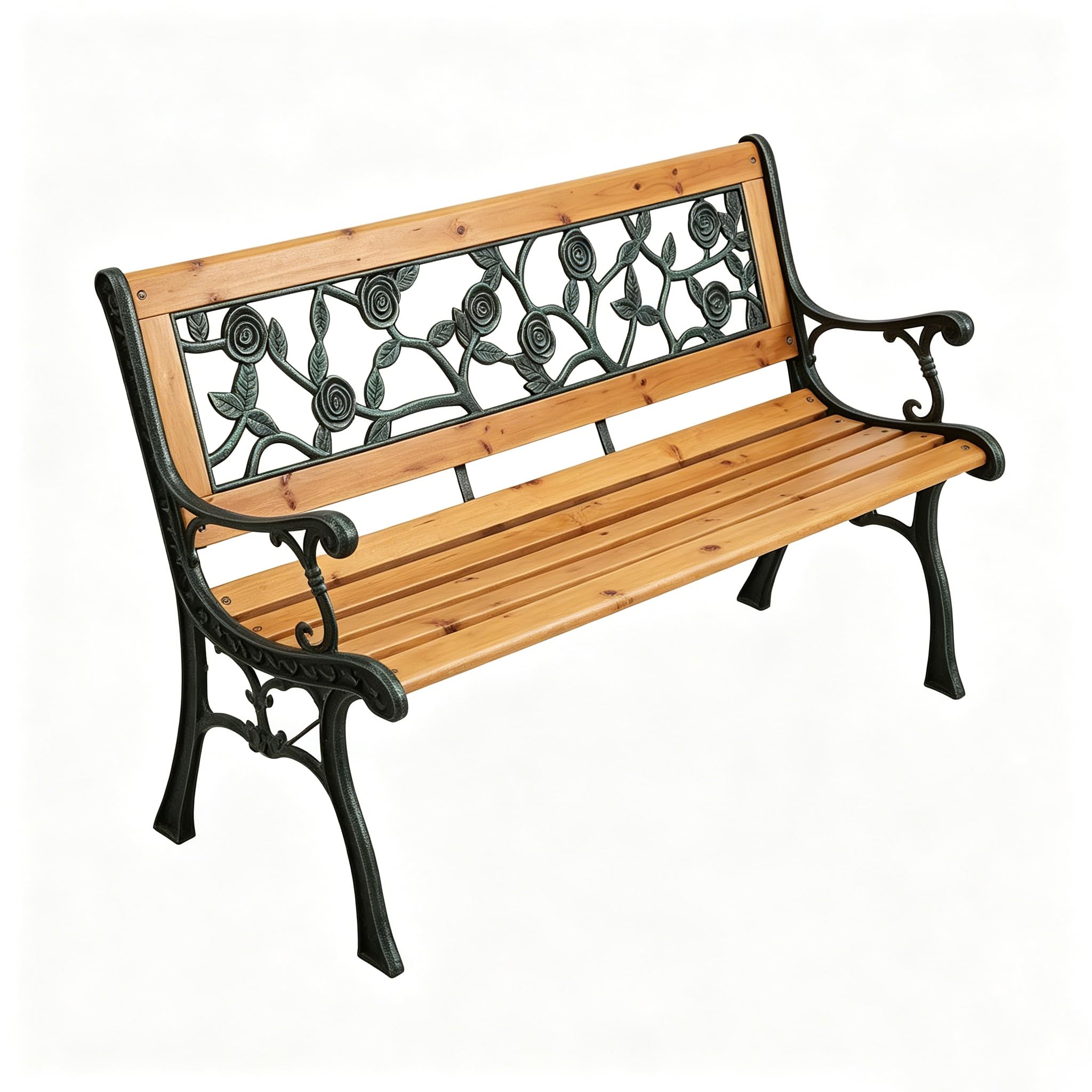 Banco de Jardín Exterior de Madera y Metal 2 Plazas, Banco Decorativo para Terraza, Patio y Parque con Respaldo Floral Vintage y Estructura Resistente