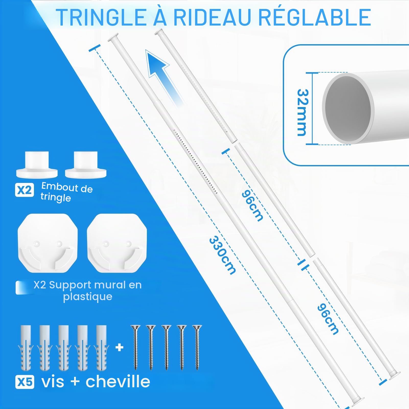 Tringle à rideau extensible de 98 à 330 cm, sans perçage, 32 mm, avec 2 bases murales, tringle télescopique en métal pour salle de bain et fenêtre - Blanc