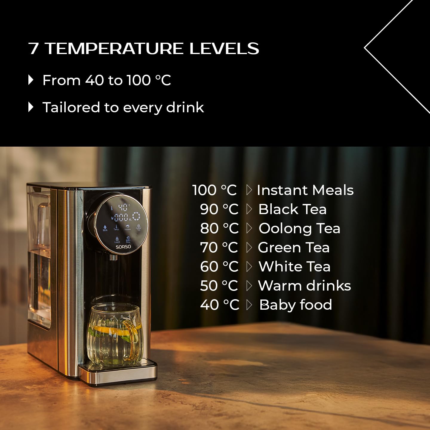 SORSO Flow - Dispenser di acqua calda con regolazione della temperatura, bollitore per tè, purificazione dell'acqua per alimenti per bambini, 2,7 l, 2600 W, 40-100 °C, argento