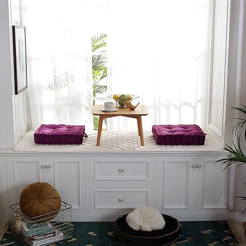 Miniatura 4 de vctops Cojín cuadrado de terciopelo de color sólido con asa, cojín grueso para silla, cojín de suelo tatami de 16.5 x 16.5 x 4 pulgadas, morado