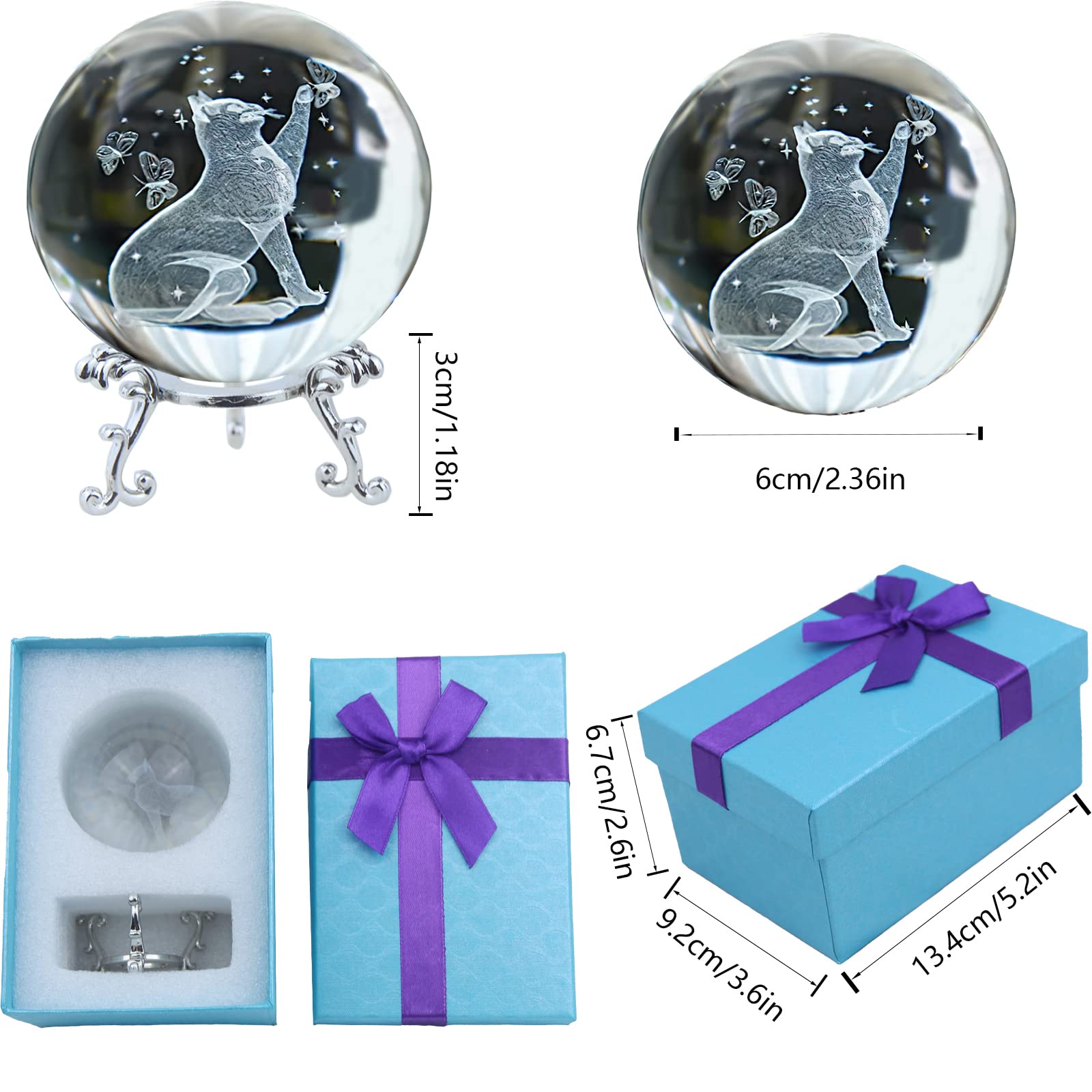 FAICOIA 3D Cat Crystal Ball for Christmas Figurine Glass Laser Engraved 60mm Crystal Ball with Stand Decorative Sphere Glass Ball Paperweight Art Crystal Gifts for Cat Lovers Women 2.5in Clear