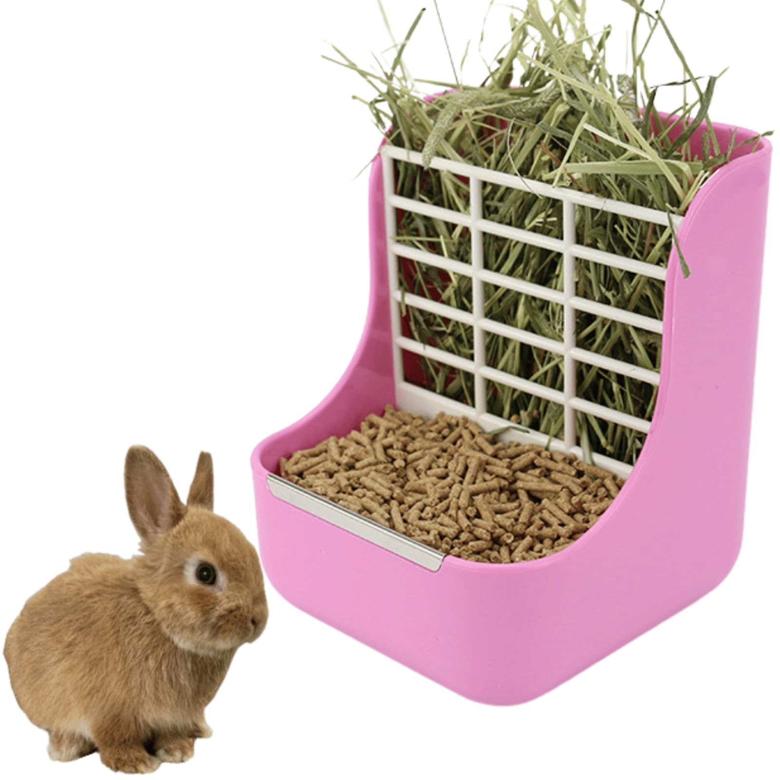 2 in 1 Food Hay Feeder for Guinea Pig, Rabbit Feeder, Indoor Hay Feeder for Guinea Pig, Rabbit, Chinchilla, Feed Bowls Use for Grass & Food (Pink)
