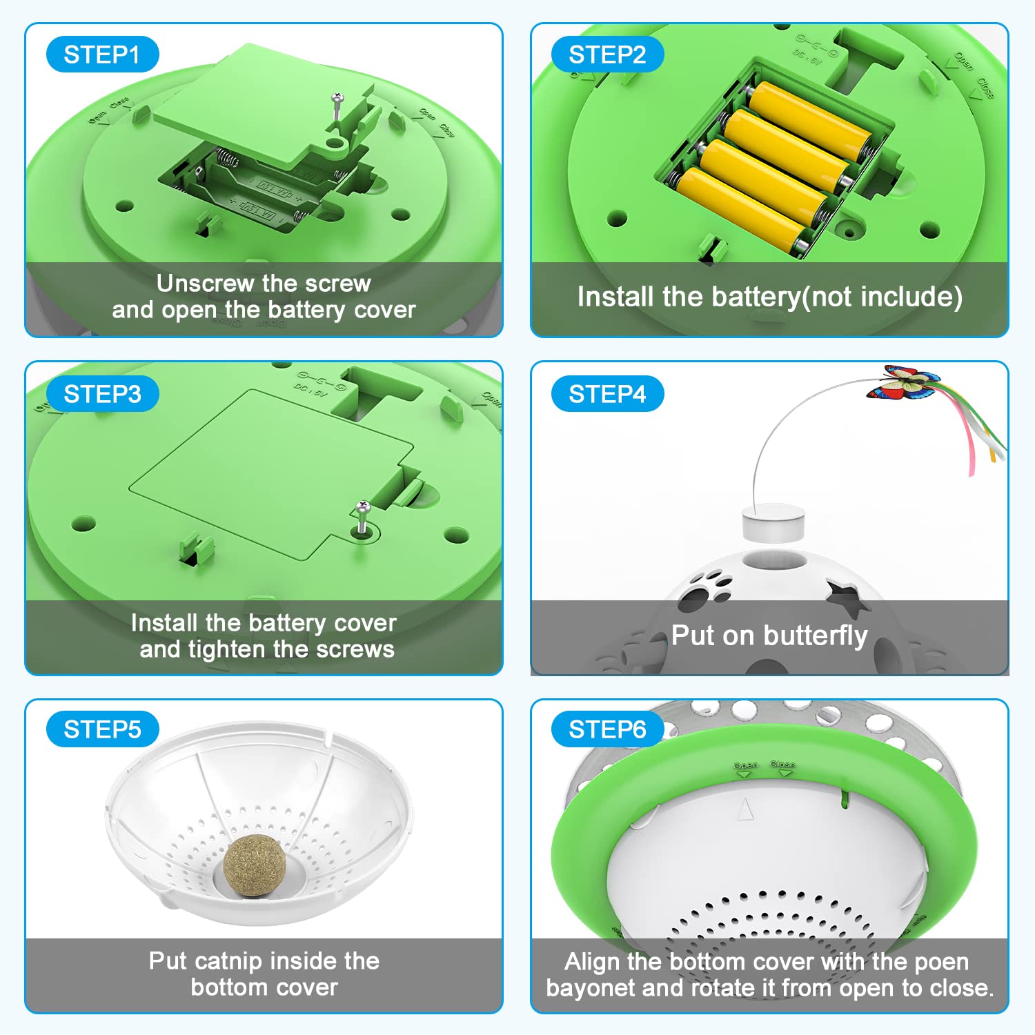 Tyasoleil 3 in 1 Smart Cat Toys, Interactive Cat Roly Poly Toy, Electric Indoor Kitten Toys, Fluttering Butterfly,Random Whack-A-Mole Mice, Dual Power Supplies,1 Pcs Catnip Balls,Auto On/Off (Green)