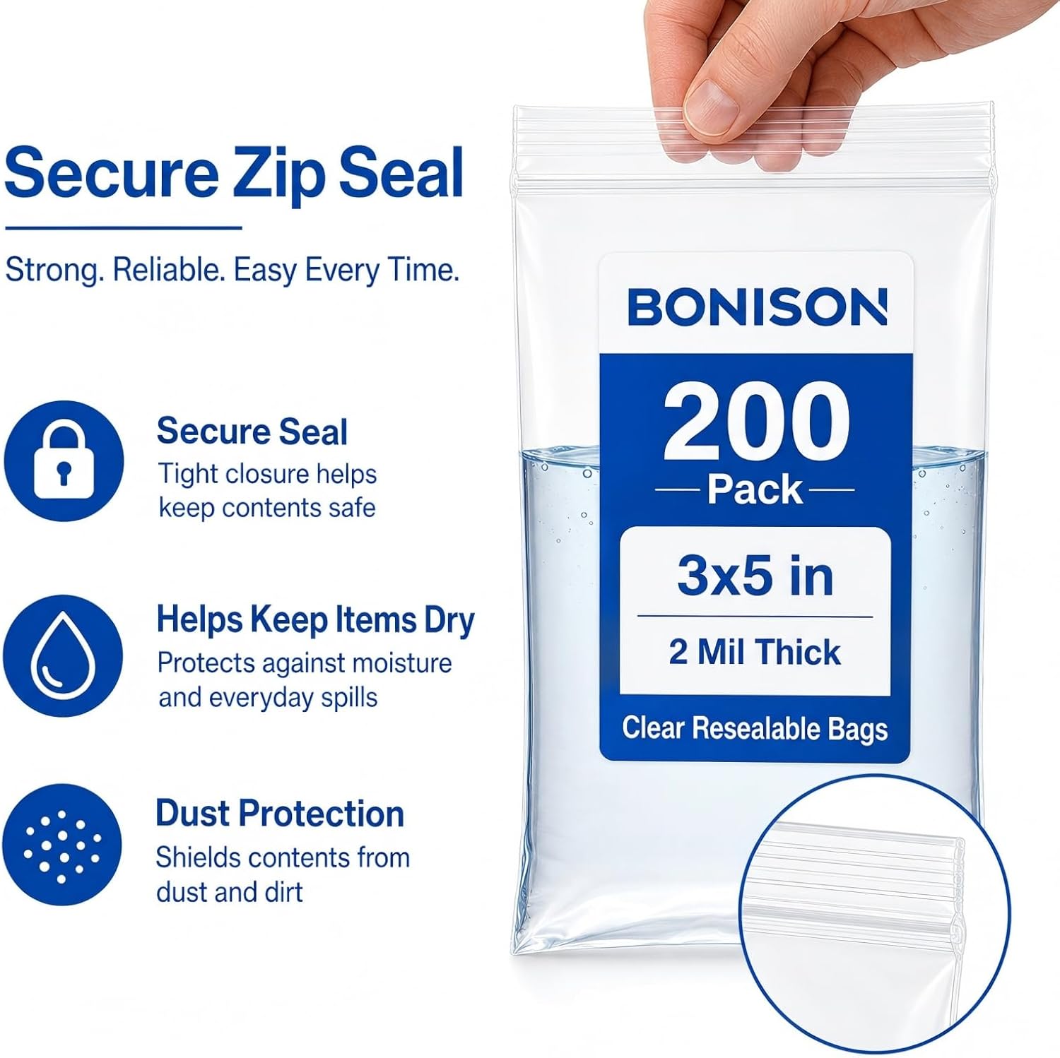 Small Plastic Bags, 200 Pack 3x5 inch 2 Mil Thick Mini Zip Jewelry Bag for Jewelry Cards, Stickers, Cookies, Crafts, Samples, Seeds, Small Business Packaging & Home Organization image 3