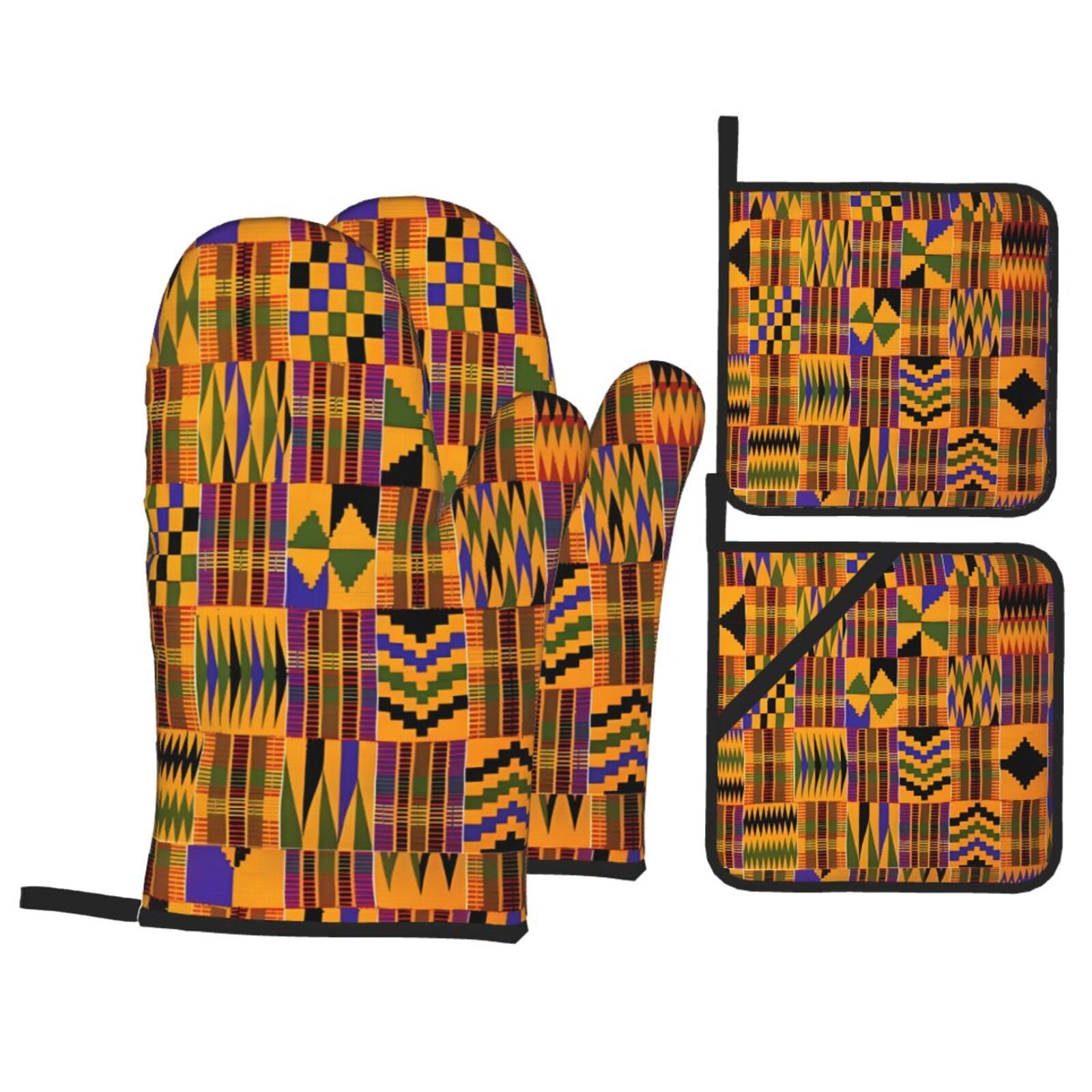 WHJSHOP African Tribal Ethnic Texture Prints Kitchen Layers: Waterproof Oven Covers for Safe Handling & Easy Cleanup – 4 Piece Heat Protection Bundle