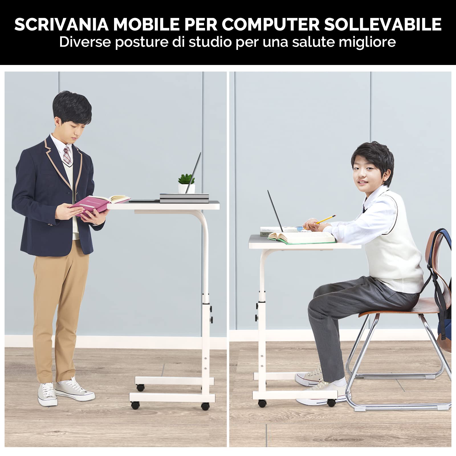 Scrivania con Ruote, 80x40cm Scrivania per Laptop, Tavolino da Laptop Mobile Regolabile in Altezza 69-89cm, per Tablet Cellulare, Tavolino Portatile Bianco, Adatto per Ufficio