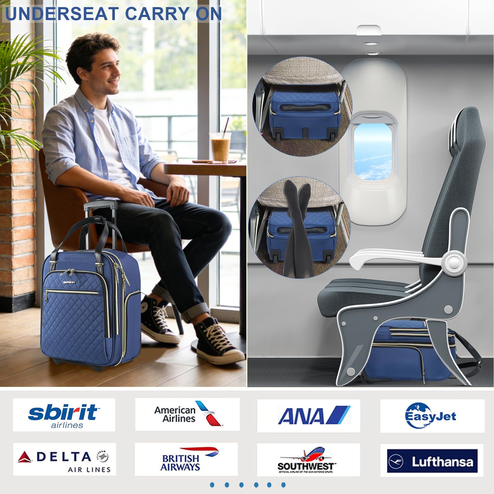 EMPSIGN Unterflur-Trolley–40 cm (16 Zoll) Handgepäckkoffer mit Rollen, multifunktional,leicht,ideal als Wochenend- oder Reisekoffer,klein, für Damen und Herren, Farbe: Haze Blue-Gold Zipper