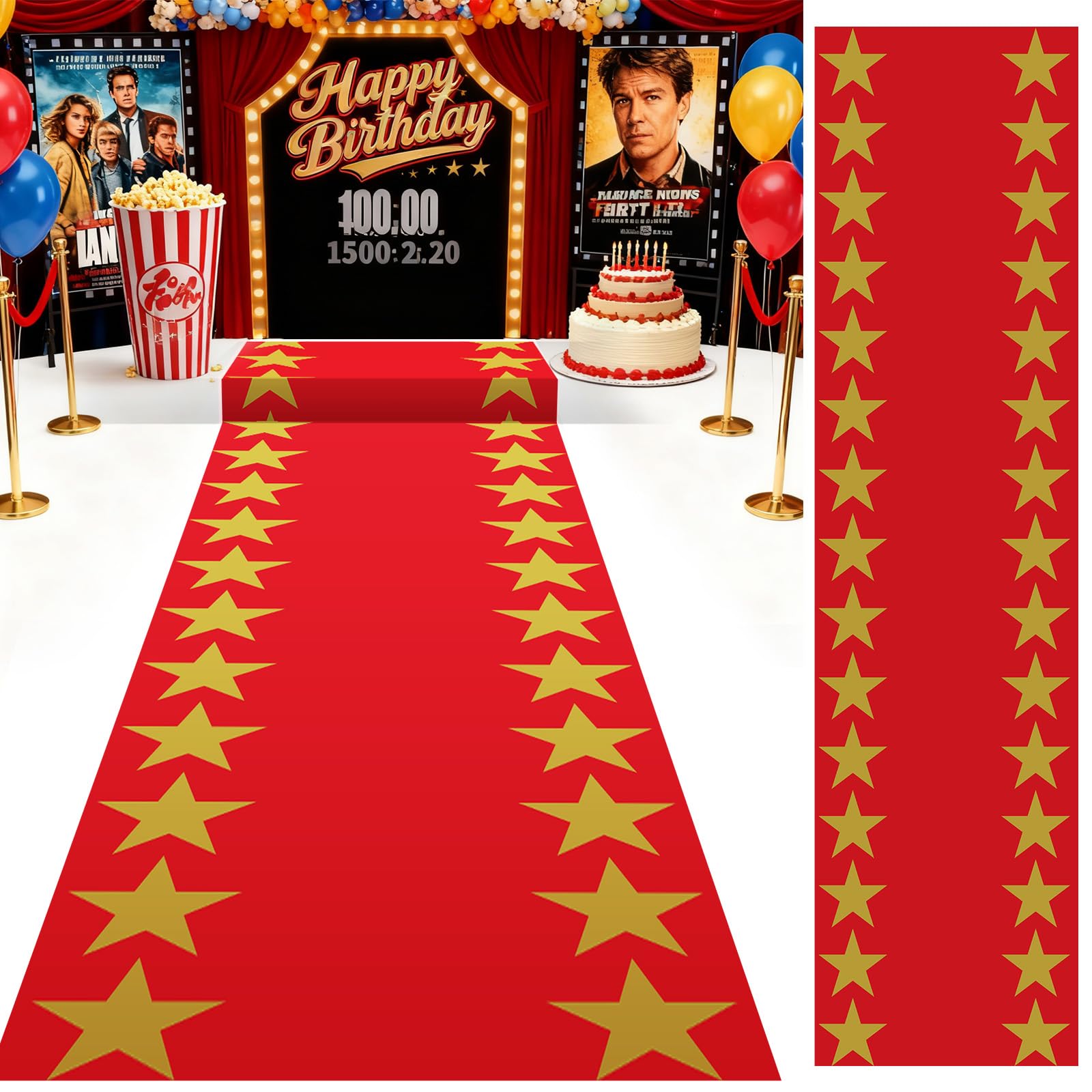 Woanger Plastic Movie Night Runner with Gold Star 30 μm Thickness Runner Rug Red Carpet Decor for Aisle Floor Runway Stage Stair Hallway Movie Theme Birthday Wedding Prom Party(3.3 x 50 Ft,Classic)