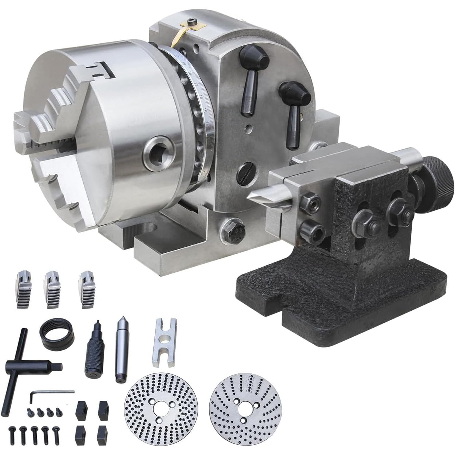 DowPie 4/5/6 Inch Dividing Head, 1:40 Worm Gear Index Head with Tailstock, MT2 Taper Workholding Tool for Machining with 3 Index Plates & 3-Jaw Self-Centering Chuck 6inch