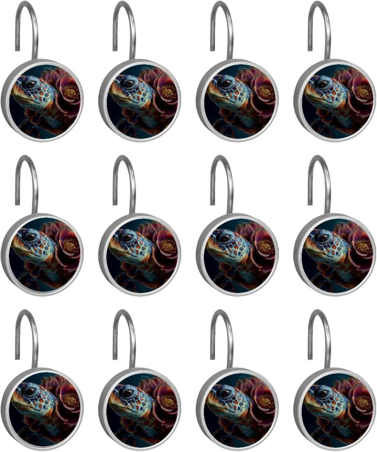 12PCS Sea Turtle Flower Shower Curtain Hooks Metal Rust Resistant Decorative Shower Curtain Hooks Bathroom Decorations