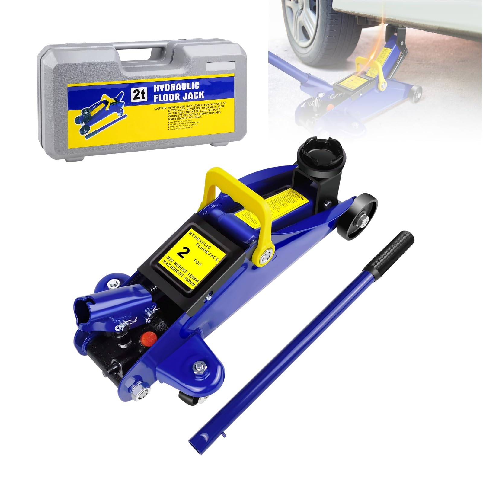Cric idraulico a carrello idraulico a basso profilo da 2 tonnellate, sollevamento rapido, per garage, pneumatici e riparazione auto, altezza di sollevamento 135 mm-320 mm, struttura in acciaio