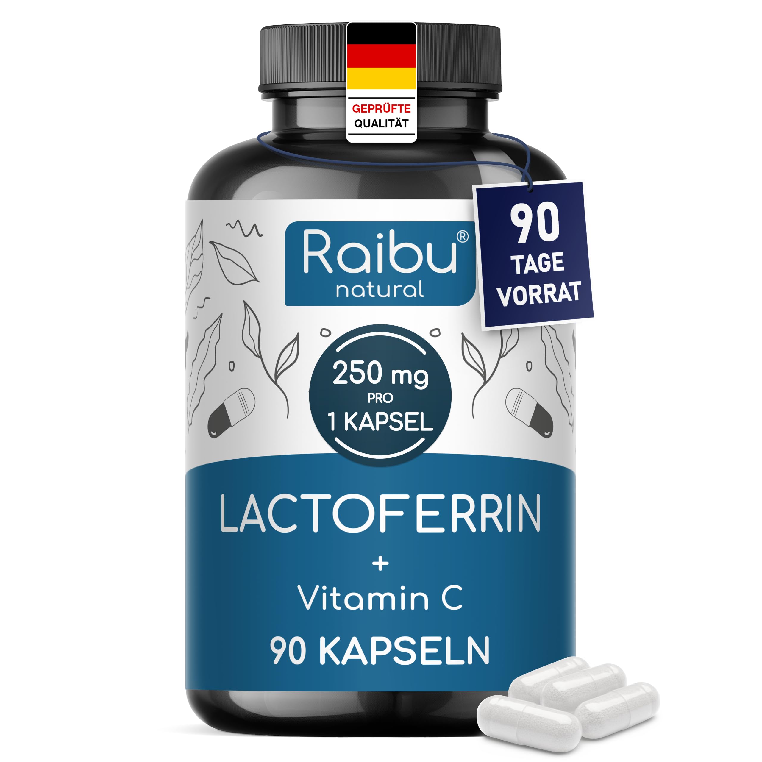 Lactoferrin 250 mg pro Kapsel - 90 Kapseln: 3 Monate Vorrat - mit 60 mg Vitamin C - für Eisenaufnahme & Immunsystem - hochdosiert mit >95% Lactoferrin - 1 Kapsel täglich, ohne Zusatzstoffe