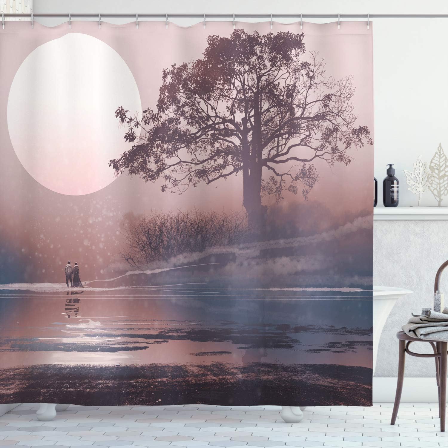 Ambesonne Fantasy Shower Curtain, Love Couple on The Horizon with Full Moon and Majestic Tree Over The Lake Romance Print, Cloth Fabric Bathroom Decor Set with Hooks, 69" W x 70" L, Mauve