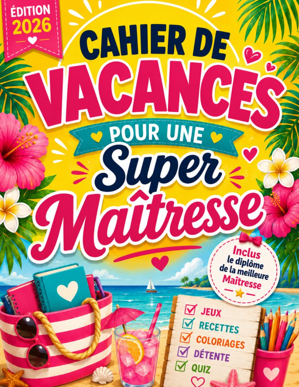 Cahier de Vacances Maîtresse: Idée de Cadeau Remerciement Merci, Original Maîtresse d'École Fin d'Année. Carnet de Multi-Jeux, Activités, Coloriages, ... Recettes, Sudoku, Mots Mêlés, Kakuro, Quiz
