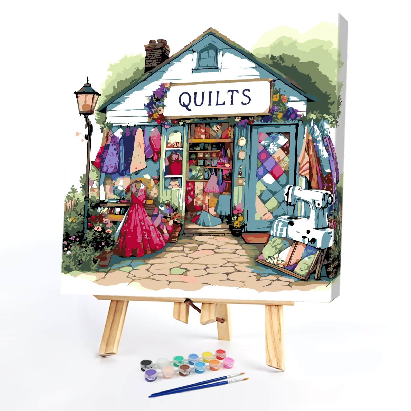 POETRYDRAW Quilt Shop DIY Paint By Numbers Kit on Canvas 35x35cm with Frame Oil Painting Kit by Numbers for Beginners Adults Gift Home Wall Decor (Quilt Shop)