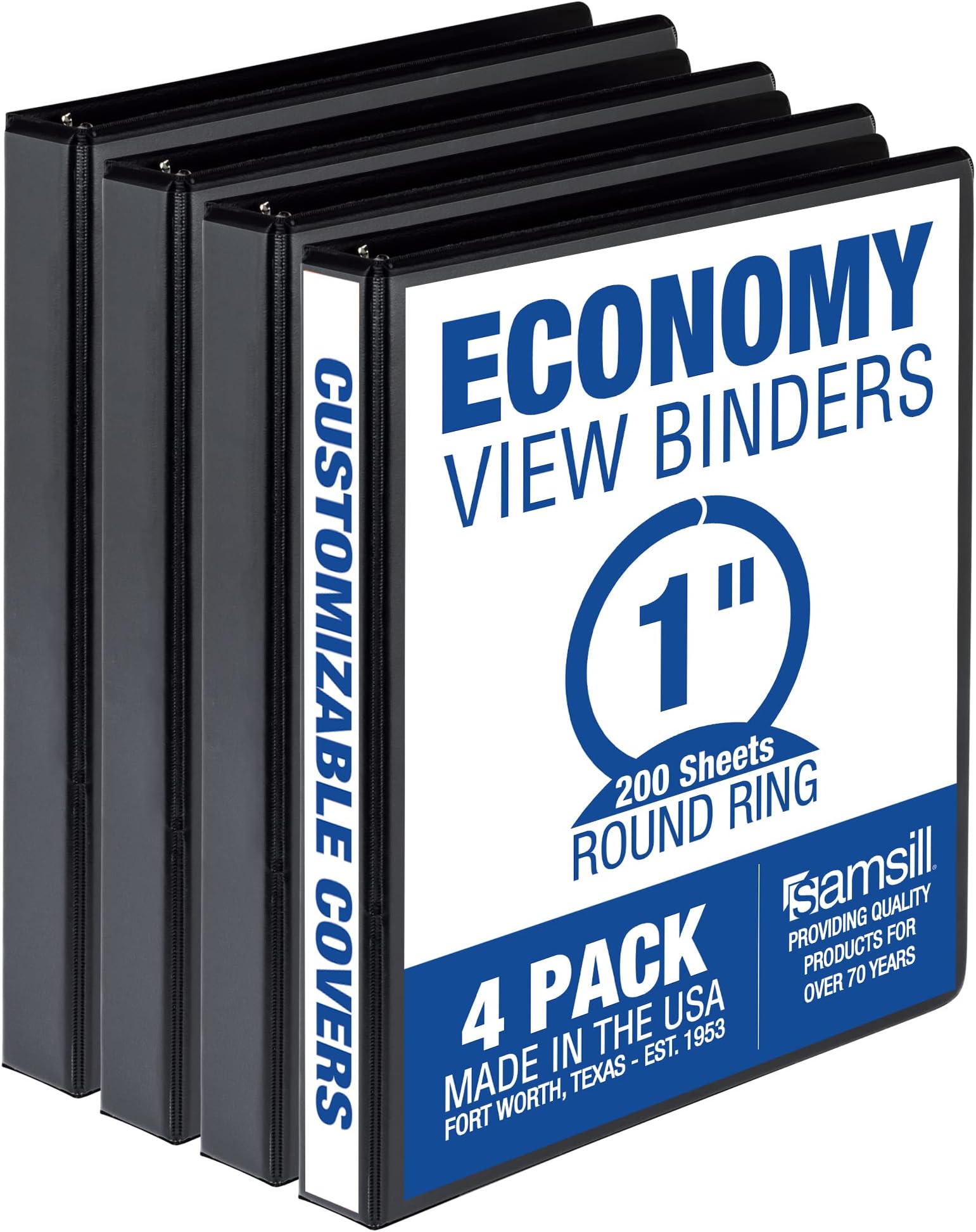 Economy 1 Inch 3 Ring Binder, Round Ring Binder, Customizable Clear View Cover, Black, 4 Pack (MP48530)
