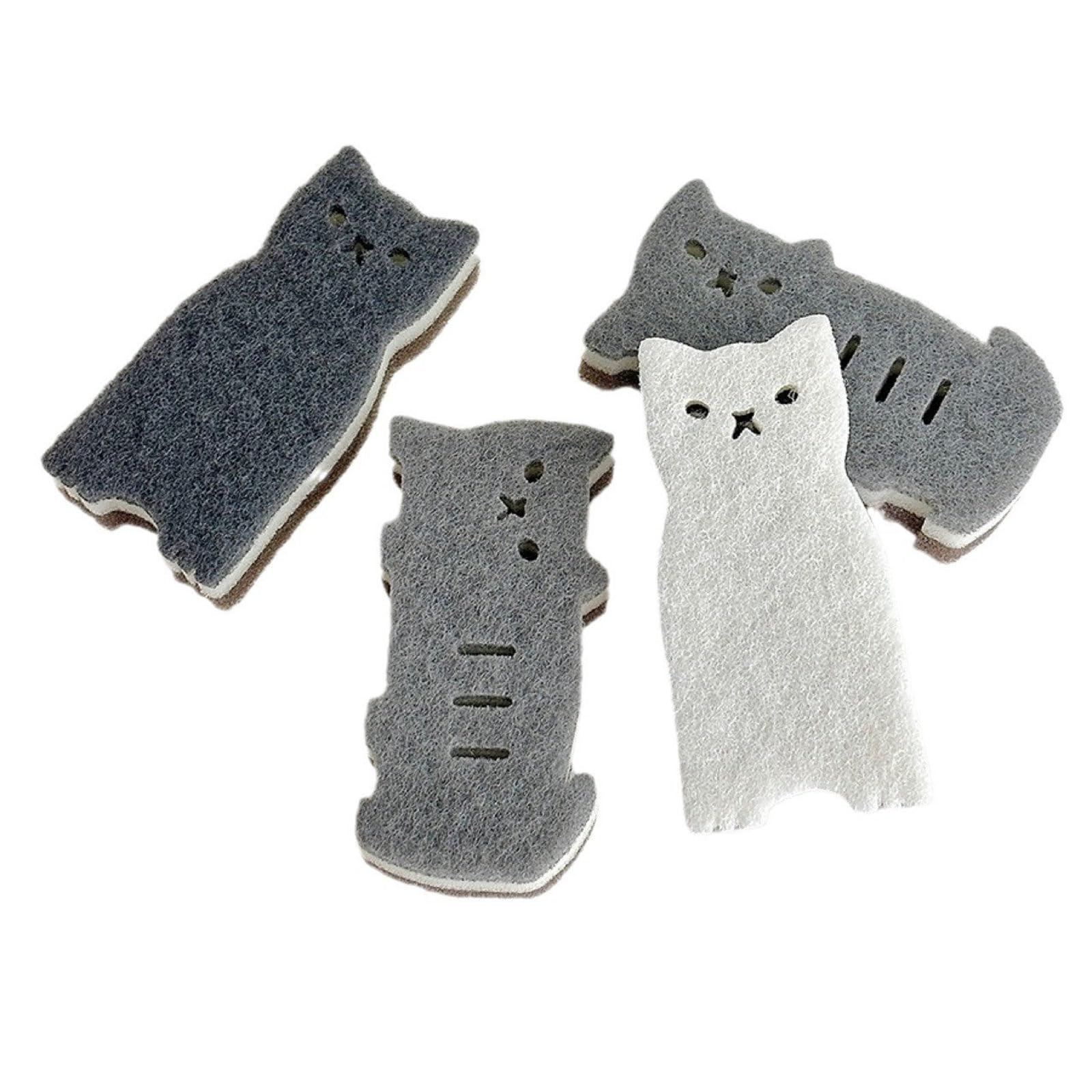 Tsophreniq Thickened Cats Shape Scrubber Sponges 4 Pieces Set Multipurpose Cleaning Pad for Dishes Countertops Cookware Surfaces Cats Themed Scrubber